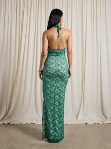 AiiRZ Vestido largo de noche con escote halter de encaje, cuello en pico, abertura lateral, longitud hasta el suelo, para fiestas, bodas, eventos de verano y ocasiones formales, con abertura en la espalda - Verde - Ver 2