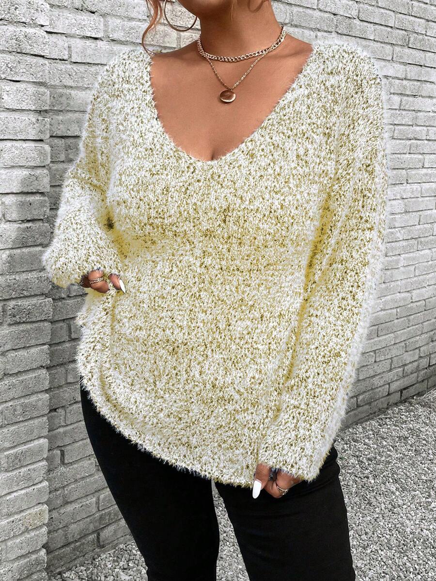 Calvaya Suéter holgado de punto con cuello en V y pelaje para mujer de talla grande, versátil para otoño/invierno - Caqui - Ver 1