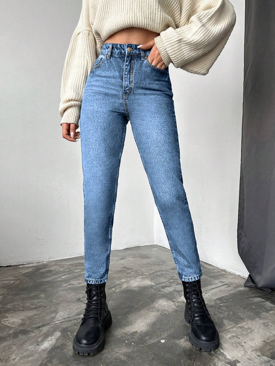 RueChic Quần Jeans Denim Ôm Vừa 100% Cotton Có Túi Xiên - Rửa trung bình - Xem 1