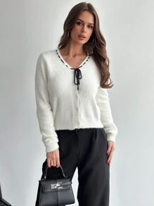 Firerie Pull blanc à manches longues, style élégant et minimaliste avec lien contrastant, pour femmes en automne/hiver - Blanc - Voir 5
