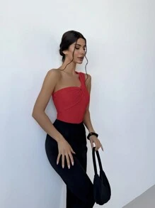 Aloruh Wedding Season Party Elegant Vacation Jacquard Slim Fitting Twist Front Bodysuit - Red - View 5