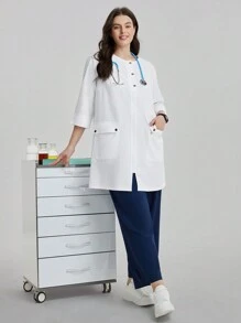 TaskEZ Plus Size Women's Solid Color Round Neck 3/4 Sleeve Utility Pocket Casual /Nursing Uniform Jacket  Laboratory Coat/White Coat Women's Solid Color Flat Collar Button Front Long Sleeve Pockets Regular Jacket, Lab Coats Set Scrub Set Nurse Dresses Scrub Tops Scrub Bottoms Lab Coats Scrub Outwear