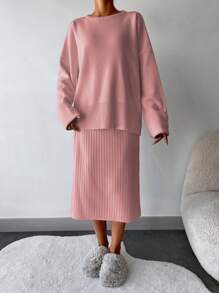 EURMUSE 女式纯色圆领落肩长袖上衣和长款中裙两件套休闲套装，秋季 - 乾枯玫瑰色 - 查看 4