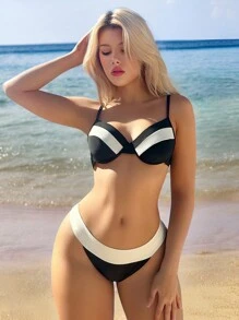 SHEIN Swim 2 件套女士撞色细肩带钢圈文胸比基尼套装夏季 - 黑與白 - 查看 3
