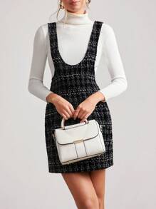 SHEIN Clasi Váy yếm kẻ caro ngắn thanh lịch dành cho nữ - Đen và trắng - Xem 3