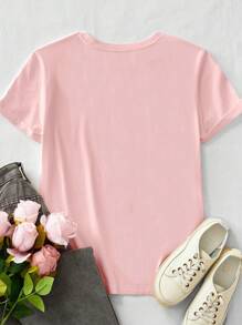 SHEIN EZwear Casual Minimalist Faux Glitter Bow 2025 Printed Pattern Pink Round Neck Short Sleeve Loose Women T-Shirt, Suitable For 2025 New Year Festive Tops - Pink - View 2