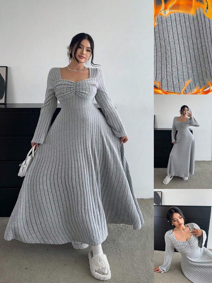 Flirla Váy chữ A xếp ly cạp chun đơn giản cỡ lớn - Màu Xám nhạt - Xem 1