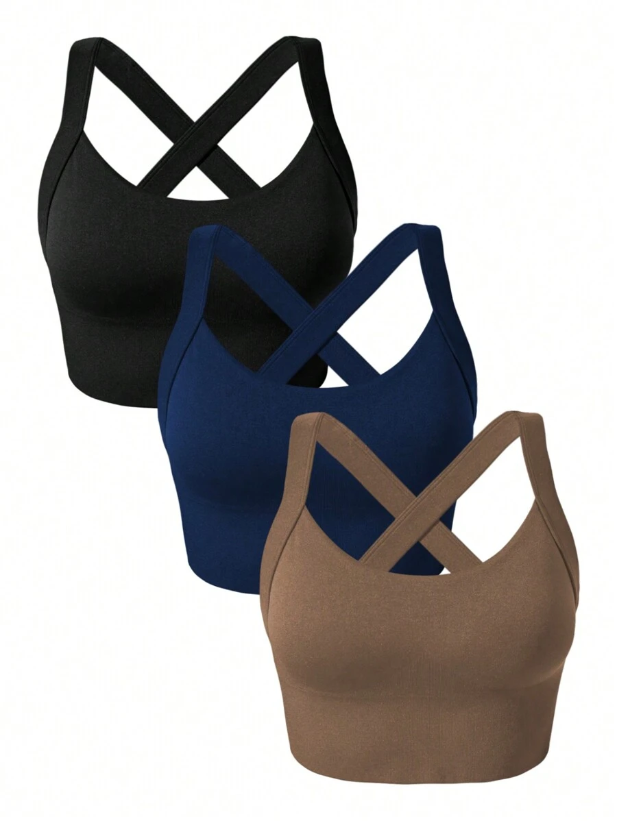 Easithlete 3pcs Seamless Solid Color Thick Strap Criss-Cross Back Sports Tank Top - Multicolor - View 1