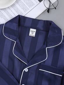 男童秋季罗纹提花条纹长袖上衣和裤子睡衣套装 - 藏蓝色 - 查看 4