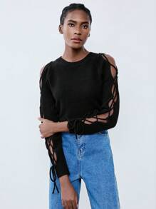 Lumivelle Black Sleeve Decor Pullover Sweater, Autumn/Winter