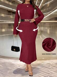 Celure Autumn/Winter New Fashionable Solid Color Slim Fit Mermaid Dress With Round Neck And Flare Sleeves For New Year Clothes Maxi Women Outfit