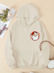 SHEIN EZwear 大码女式圣诞图案精致简约休闲连帽卫衣，圣诞套头衫，秋季款 - 米色 - 查看 3