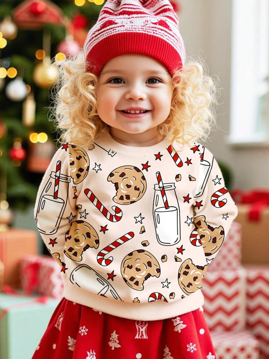 SHEIN Cute Christmas Print, Cookie, Milk, Candy Cane, Star Design Casual Loose Fit Crew Neck Cozy Daily Knitted Long Sleeve Sweatshirt For Young Girls, Suitable For Autumn/Winter - Multicolor - View 1