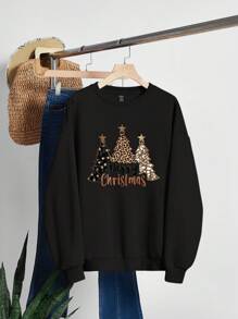 SHEIN EZwear Casual Minimalist Christmas Tree Print Round Neck Loose Women Sweatshirt, Autumn/Winter Christmas Outfit