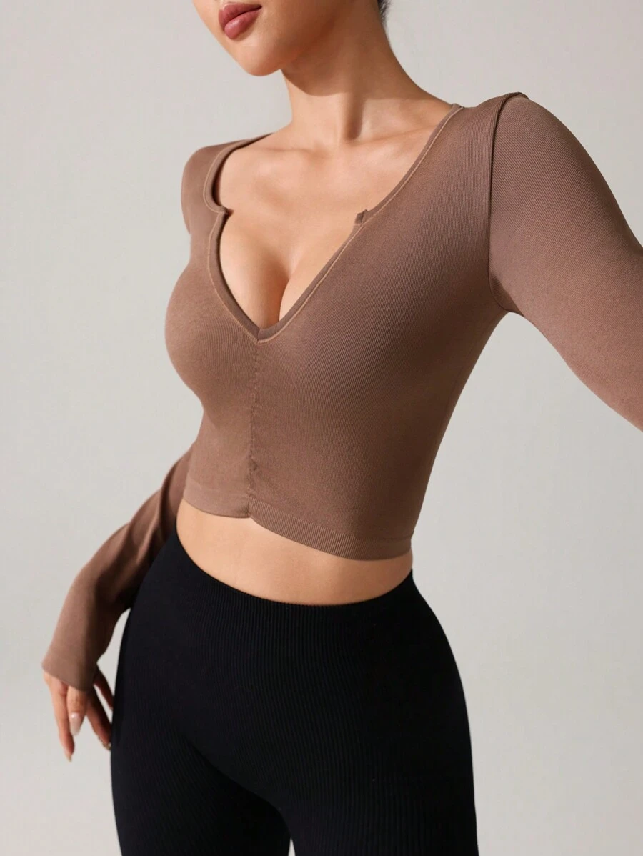 SHEIN Camiseta de manga larga raglan corta para mujer, nueva camiseta interior ajustada de otoño para deportes y yoga - Café integral - Ver 1