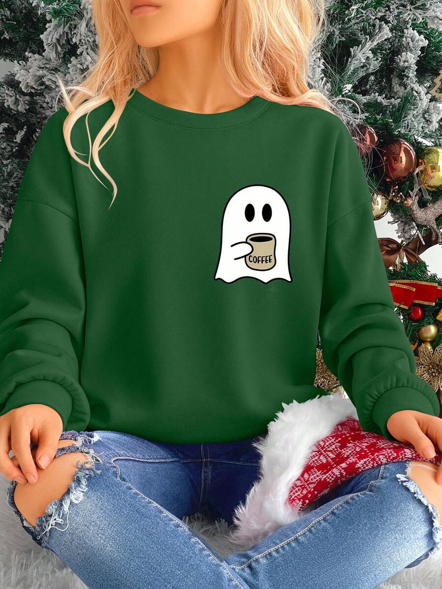 SHEIN LUNE Áo nỉ in kỹ thuật số dễ thương cho Halloween, thường ngày, họa tiết lễ hội, thoải mái, lót ấm, dáng rộng, thời trang cho mùa thu/đông - màu xanh lá - Xem 1