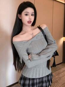 DAZY Áo len dệt kim cổ bẻ lệch vai xẻ tà bất đối xứng cho nữ Áo len hở vai, Quần áo mùa thu dễ thương - Xám - Xem 9