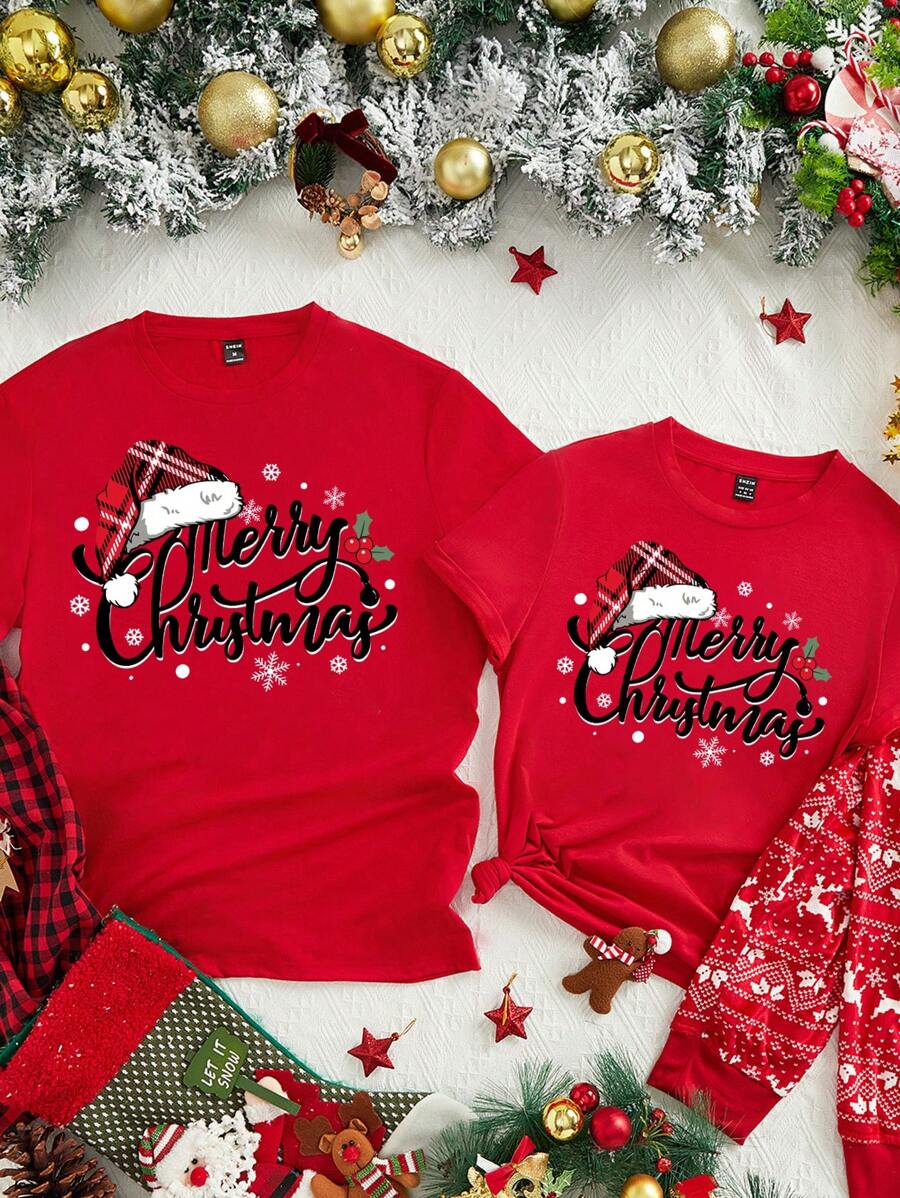 Manfinity Homme Men's Casual Christmas Funny Santa Hat & Text Print Red T-Shirt, Couples Matching - Red - View 1