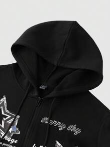 Manfinity EMRG 男士标语五角星印花落肩保暖长袖拉链领休闲连帽衫，秋冬款，Y2K风格 - 黑色 - 查看 3