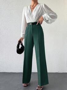 EURMUSE Women Solid Color Button Up Front Simple Design Casual Long Pants, Everyday Wear - Dark Green - View 4