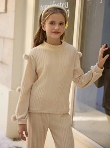 SHEIN 2pcs/Set Girls Fluffy Ball Turtleneck Ribbed Fleece Sweatshirt & Straight Leg Pants Casual Warm Outfit For Autumn/Winter - Pink - View 4