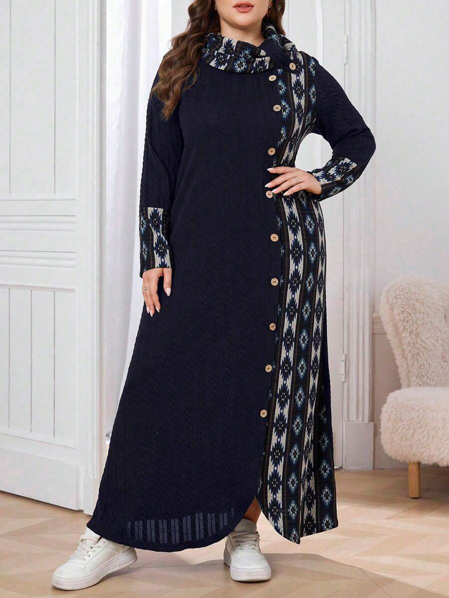 Al Najma 大码女式纹理针织立领拼接印花休闲连衣裙，秋冬季超长女装