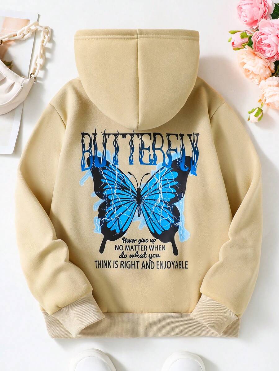 SHEIN Girls Casual Fashion Blue Butterfly Print Hooded Sweatshirt For Early Autumn, Mommy & Me Style - Champagne - View 1