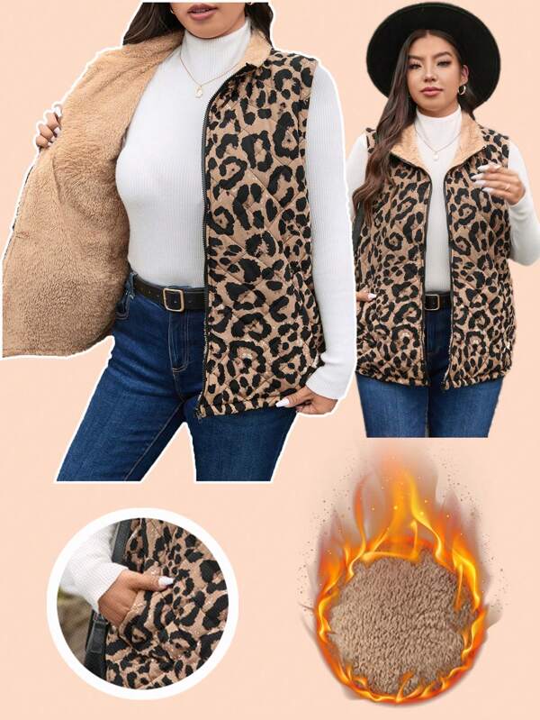 SHEIN LUNE Plus Size Women Leopard Print Zip Front Casual Cotton Padded Vest Jacket, Autumn/Winter Holiday Outfit Thermal