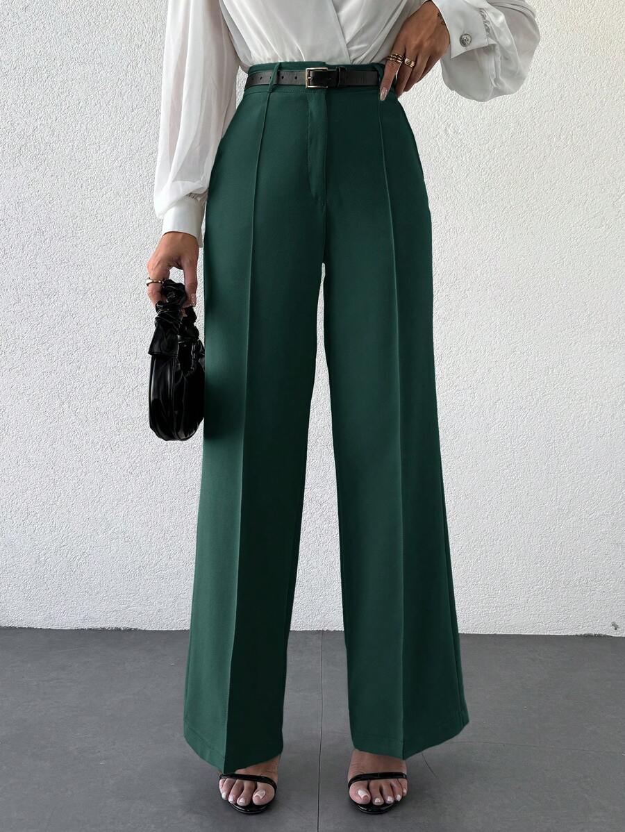 EURMUSE Women Solid Color Button Up Front Simple Design Casual Long Pants, Everyday Wear - Dark Green - View 1