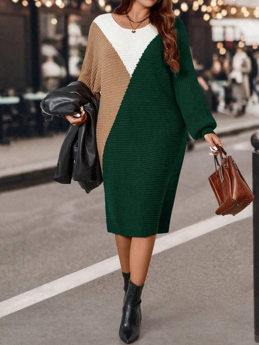 SHEIN LUNE 大码拼色针织毛衣裙，休闲时尚，适合日常穿着，适合冬季 - 彩色 - 查看 1