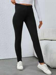 SHEIN Tall Black Thermal Lined Long Slim Fit Casual Leggings For Tall Women, Winter
