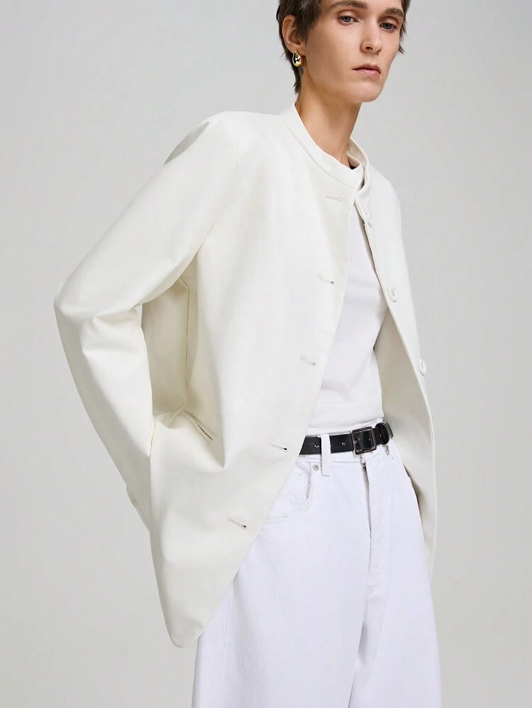 Women's 2025 Spring Off-White Pu Leather Jacket,Minimalist White Collar Regular Outdoor Clothing,Summer Office Holiday Outfits,Back To School Apparels