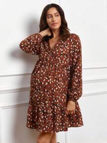 SHEIN Vestido corto de manga larga con escote en V y estampado completo de moda para embarazadas