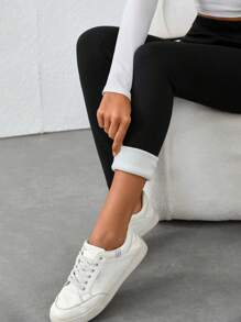 SHEIN Tall Black Thermal Lined Long Slim Fit Casual Leggings For Tall Women, Winter