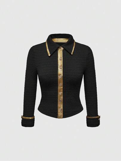Vintage Gold Foil Women's Contrast Trim Front Button Elegant Long Sleeve Blouse