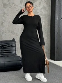 SHEIN EZwear Plus Size Women Casual Solid Color Long Sleeve Asymmetrical Hem Long Dress, Autumn/Winter