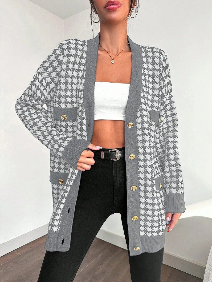 EURMUSE Women All-Over Print Front Button Color Blocking Long Sleeve Knit Cardigan - Light Grey - View 1