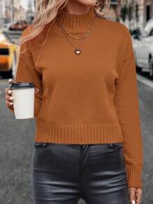 SHEIN Clasi Solid Color Stand Collar Casual Versatile Long Sleeve Pullover Sweater - Rust Brown - View 7