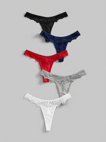 ROMWE Kawaii 5pcs Set Romantic Valentine's Ribbed Lace Butterfly Chain Thong Panty - Multicolor - View 2