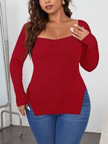 SHEIN Essnce 大码套头衫圆领长袖开衩下摆针织纯色 - 紅色 - 查看 3