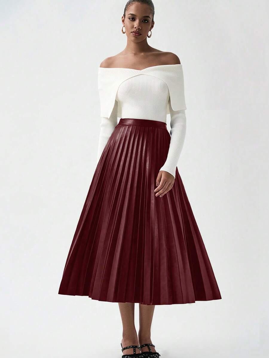 Lumivelle 优雅、休闲、通勤、褶皱、PU 皮革、A 字型中长裙（酒红色） - 酒紅色 - 查看 1