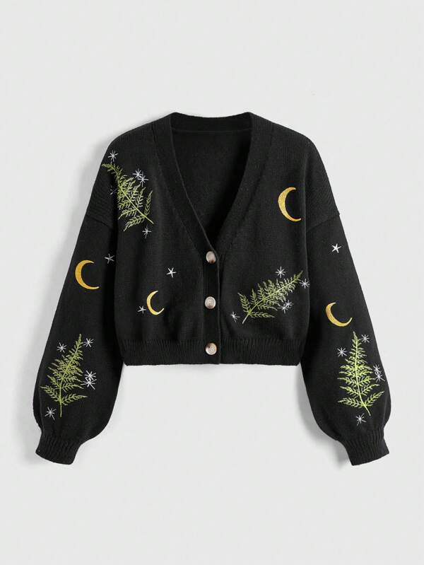 ROMWE Fairycore Cardigan Plus Size Brodat Plant Leaf & Moon, Pentru Iarna