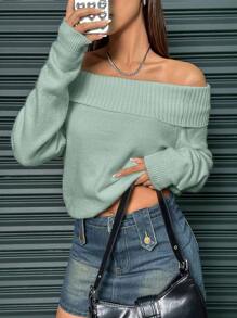 SHEIN Unity Casual Minimalist Off Shoulder Solid Color Sweater, Autumn/Winter Knit Pullover Fall - Green - View 6