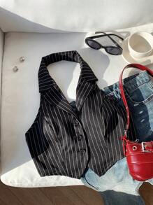 Comfortcana Ladies New Striped Button Front Sleeveless Vest