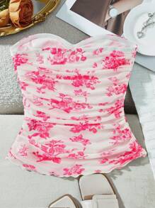 SHEIN VCAY 针织网布印花修身抹胸 - 粉色 - 查看 2