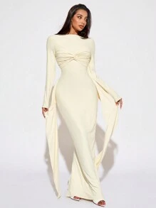 SHEIN SXY Vestido elegante con pliegues en un diseño de nudo retorcido en color albaricoque para otoño/invierno