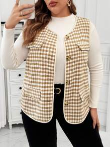 Flirla Plus Size Women Houndstooth Multi Pocket Open Front Gilet Vest, Autumn/Winter - Khaki - View 1