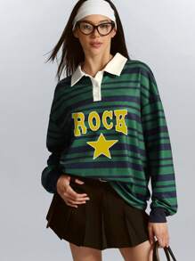 INAWLY Women's Letter & Striped Print Contrast Color Casual Long Sleeve T-Shirt Graphic Tees Women Tops For Spring Fall Cloth For Women - Multicolor - View 3
