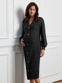 SHEIN Vestido de embarazo con hombros caídos, mangas abultadas, escote en V y decoración de botones en la parte delantera abierta, para otoño