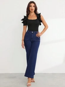 SHEIN Privé Fitting shirt Met Franjestrim Vierkante hals En Uitgeholde